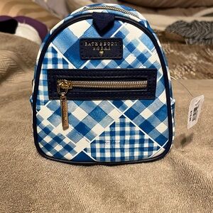 Bath and Bodywork’s blue gingham super cute mini backpack gold colored hardware
